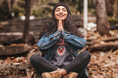 meditation stock image smiling woman in forest